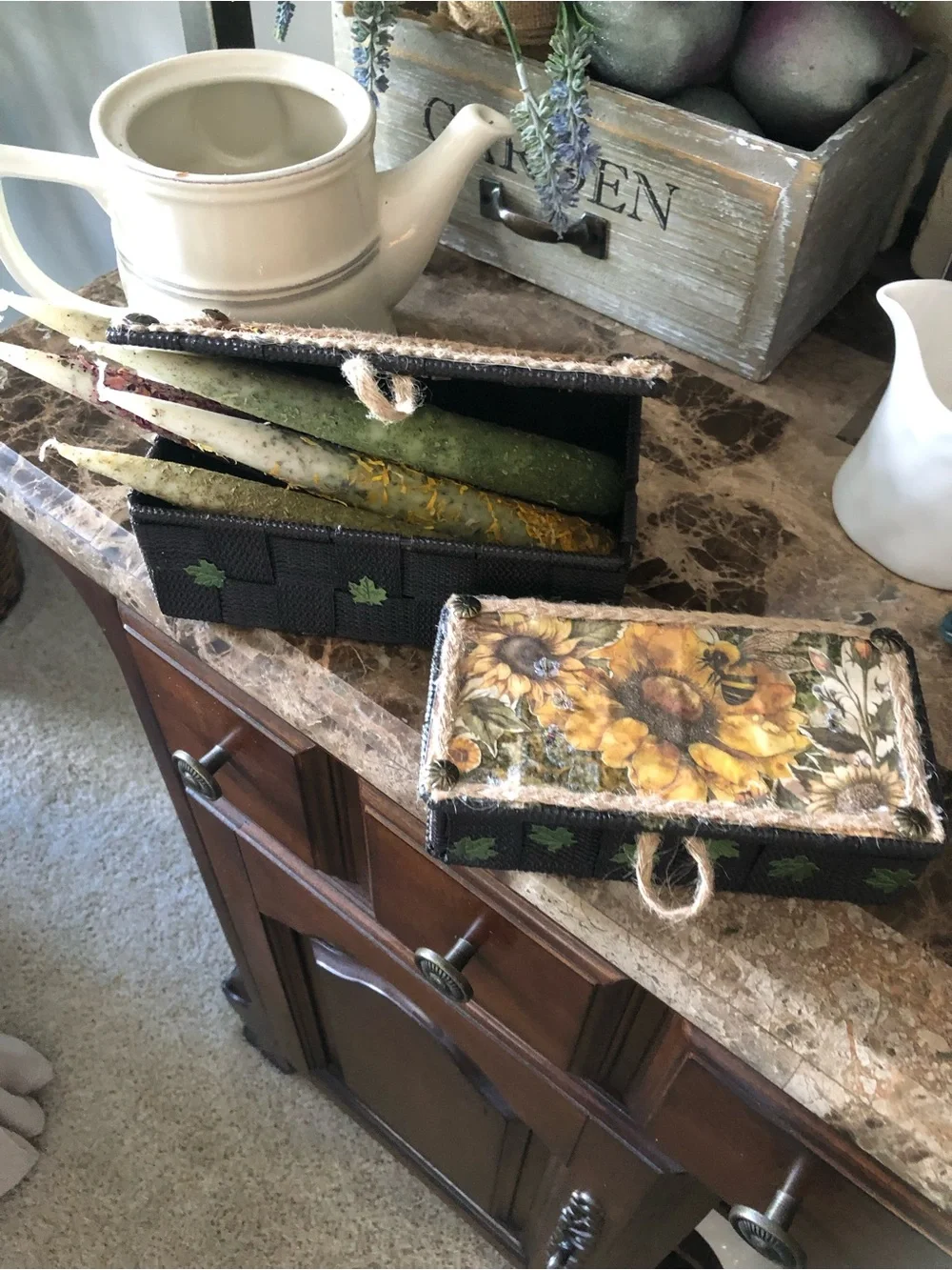 Handcrafted Sunflower Decorative Storage Boxes - Black and Yellow